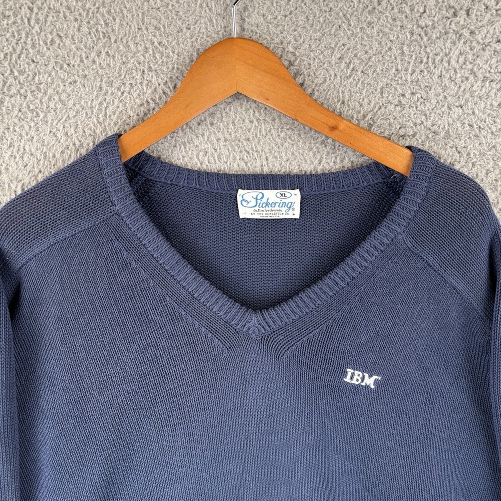 Vintage IBM V Neck Sweater Men XL Blue Cotton Knit Pickering 70s Made USA *Read* - Picture 2 of 7
